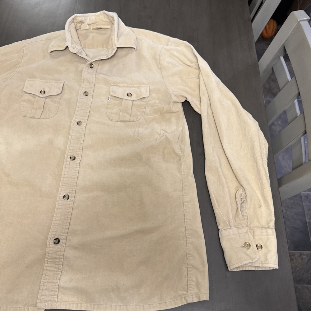 Vintage Levis Button Up Shirt Large Tan Corduroy Big E For Men 70s 80s - Picture 3 of 15